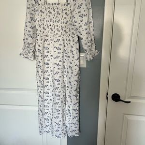 NWT House of Harlow 1960 Linen Smocked Bodice Floral Midi Dress, Size S